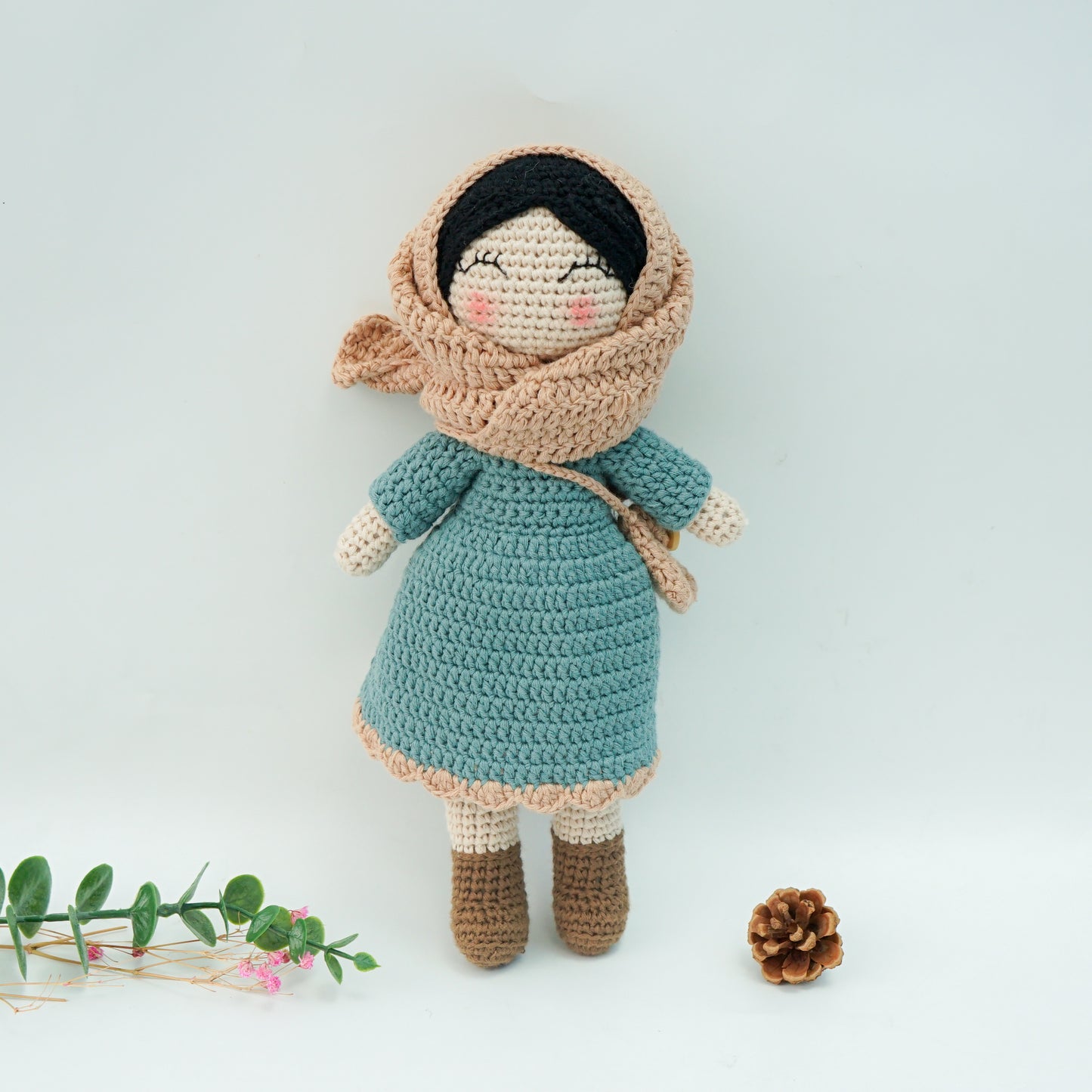 Handmade Crochet Doll - Removable Dress and Hijab, Teal Colour.