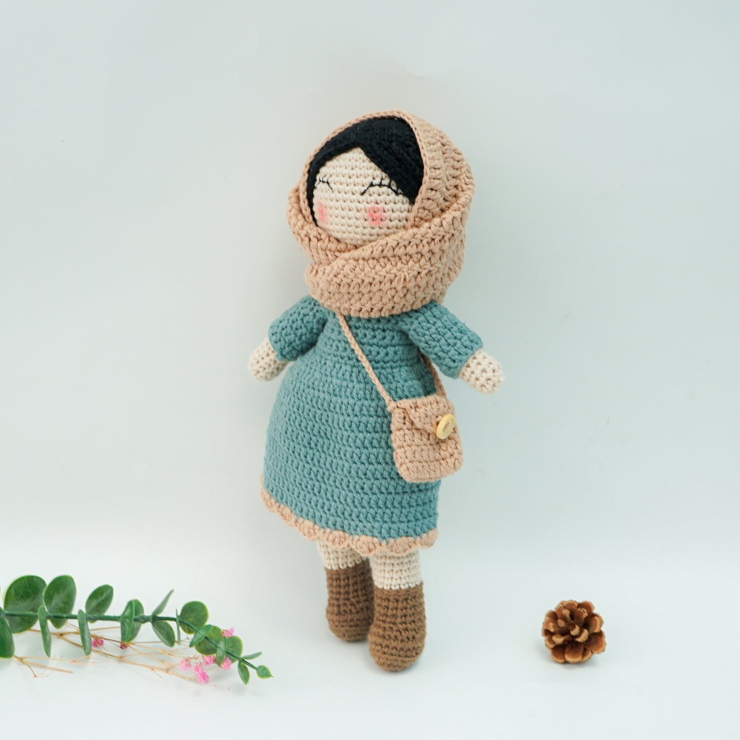 Handmade Crochet Doll - Removable Dress and Hijab, Teal Colour.