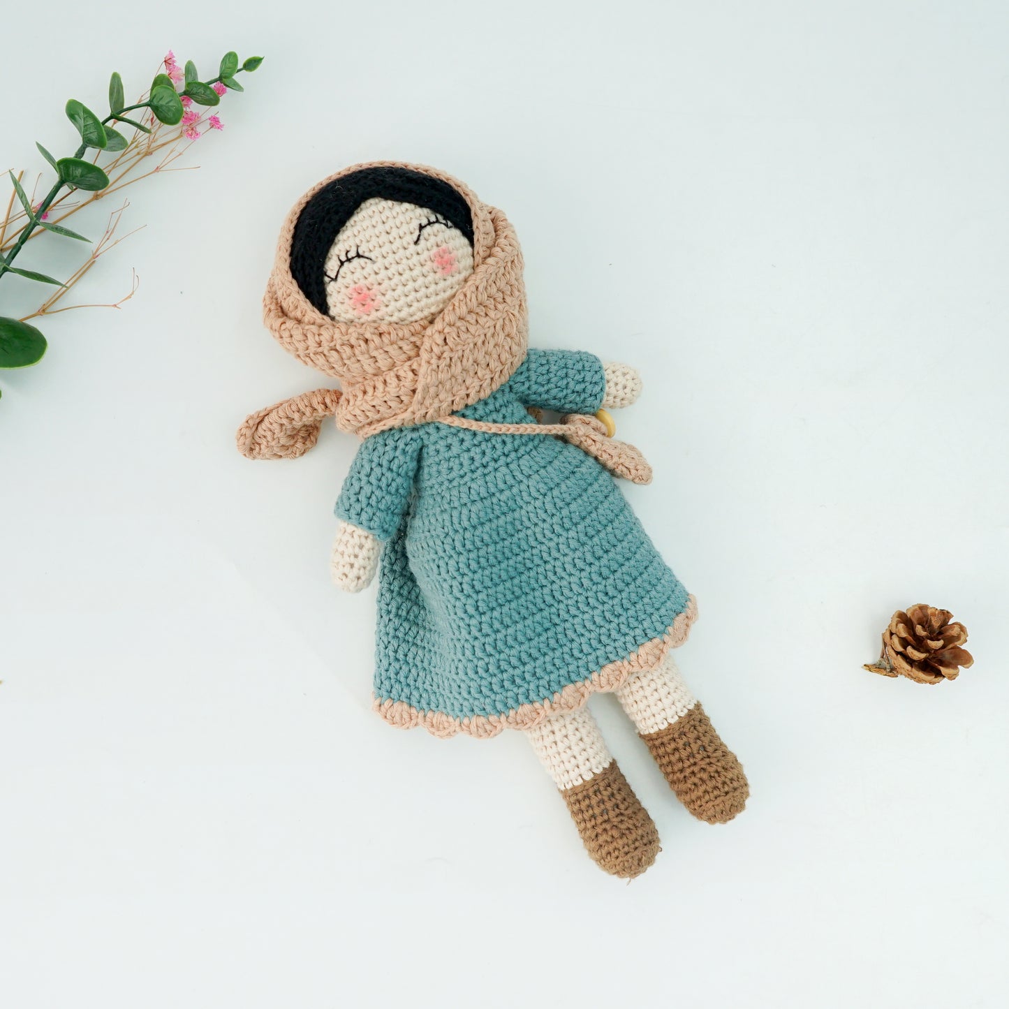 Handmade Crochet Doll - Removable Dress and Hijab, Teal Colour.